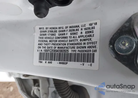 2019 Honda Civic Sport z USA, uszkodzony, nr VIN 19XFC2E85KE002025